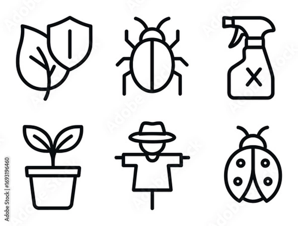 Fototapeta Gardening and pest control linear icon set. featuring leaves, beetle, spray bottle, plant, scarecrow, and ladybug symbols.