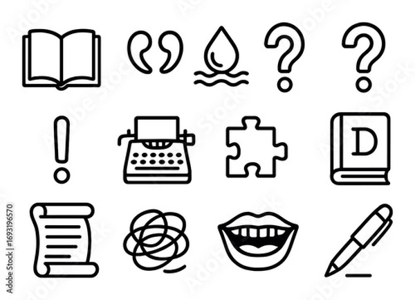 Fototapeta Writing and literature linear icon set. featuring book, quotes, typewriter, puzzle, dictionary, and question mark symbols.