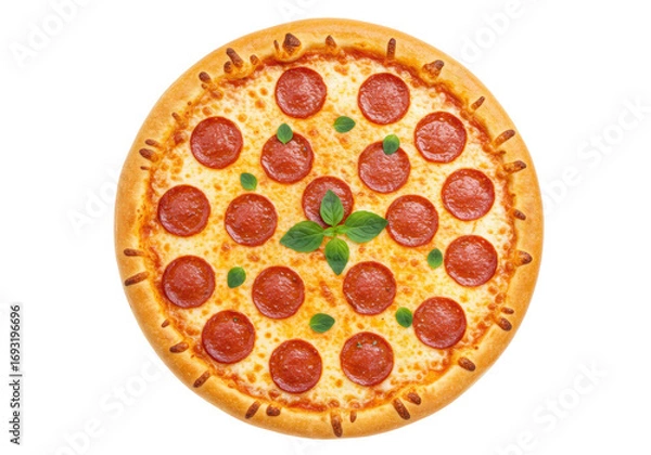 Obraz Isolated pepperoni pizza, traditional Italian recipe with meat topping and fresh basil garnish