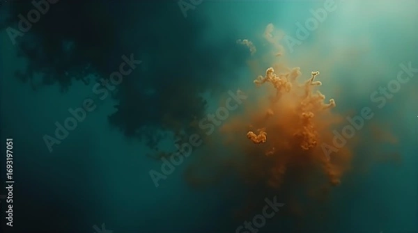 Fototapeta Captivating abstract fluid art underwater image featuring vibrant orange and brown pigment dispersing in deep teal water, forming an ethereal cloud background texture.