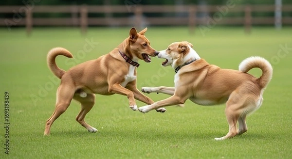 Obraz Two dogs playing in a grassy field.
