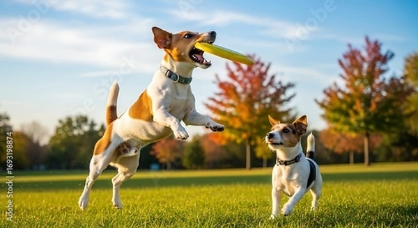 Obraz Two energetic dogs playing fetch in a park during autumn.