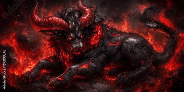 Fototapeta Demonic hellhound with horns and glowing red eyes in fiery flames