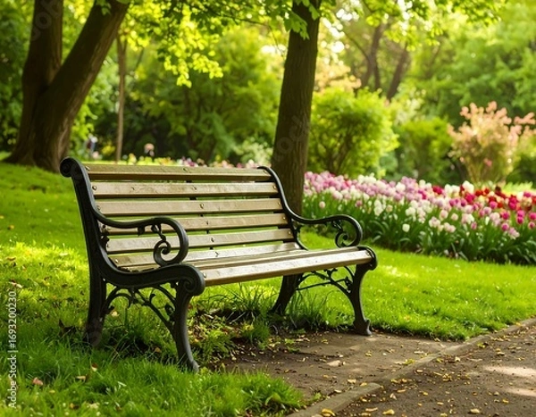 Obraz Park bench in a vibrant garden