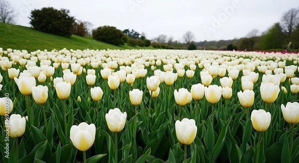 Obraz Vast Field of White Tulips in Bloom.