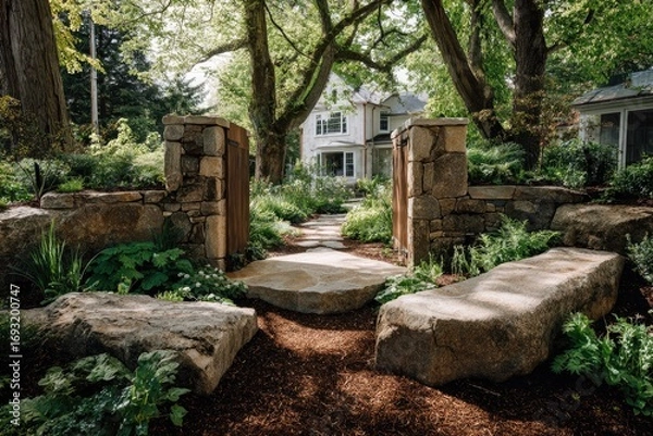 Obraz A garden path through stone walls