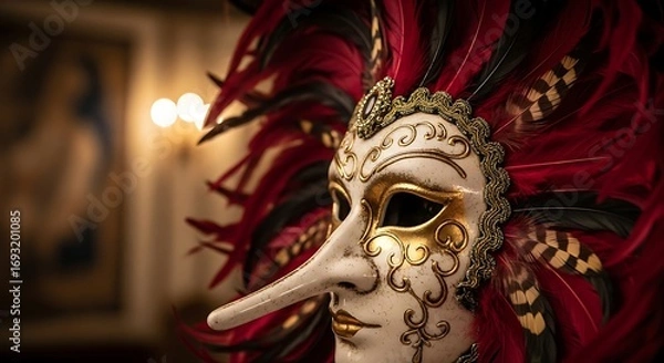 Obraz Venetian Plague Doctor Mask with Feathers and Gold Accents.
