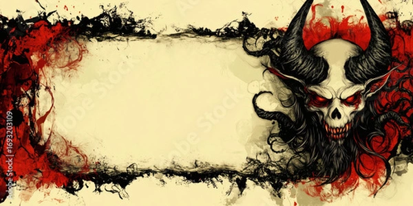 Fototapeta Demonic Skull with Horns on Red Black Grunge Background, Wide Copy Space