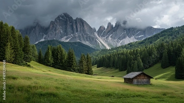 Fototapeta Serene alpine meadow with rustic cabin nestled against dramatic jagged mountain peaks under moody, dramatic clouds
