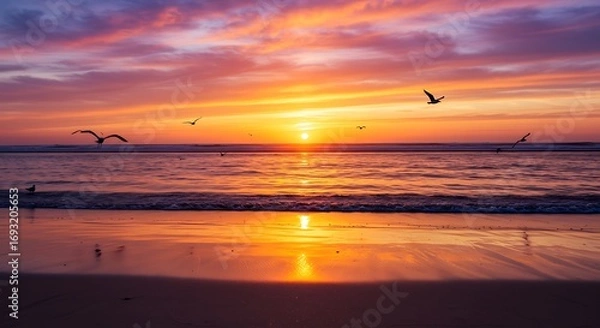 Obraz Vibrant Ocean Sunset with Flying Birds.