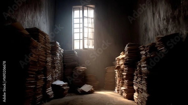 Fototapeta Dusty archive filled with stacks of old papers bathed in ethereal light from an open window creating a sense of history and mystery