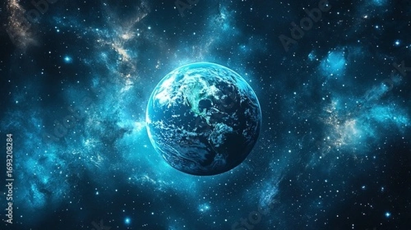 Fototapeta A stunning cosmic view of Earth surrounded by a vibrant starry background, showcasing the beauty of our planet in the vast universe.