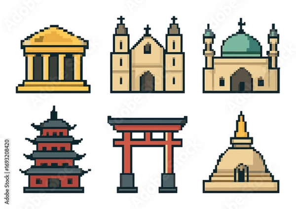 Fototapeta Landmarks pixel art icon set. featuring parthenon, church, mosque, pagoda, torii gate, stupa..