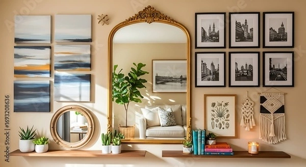 Obraz Wall Decor Ideas with Mirrors and Artwork.