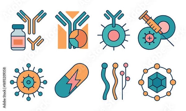 Fototapeta Medical science linear icon set. featuring vaccine, antibody, injection, pill, and cell symbols.