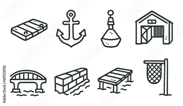 Fototapeta Nautical elements linear icon set. featuring dock, anchor, buoy, warehouse, bridge, breakwater, fishnet.
