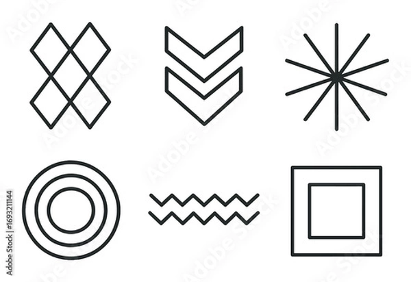 Fototapeta Abstract shapes silhouette icon set. featuring diamond, arrows, starburst, circles, waves, and square symbols.