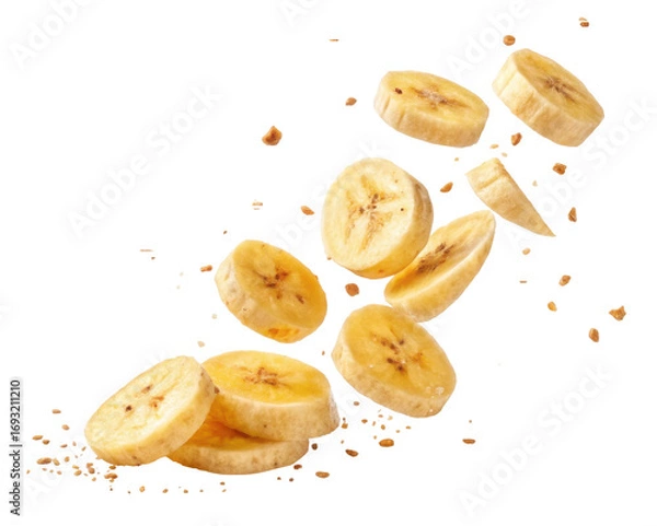 Fototapeta Floating Slices of Dried Banana on Transparent Background Representing Healthy Snack Options