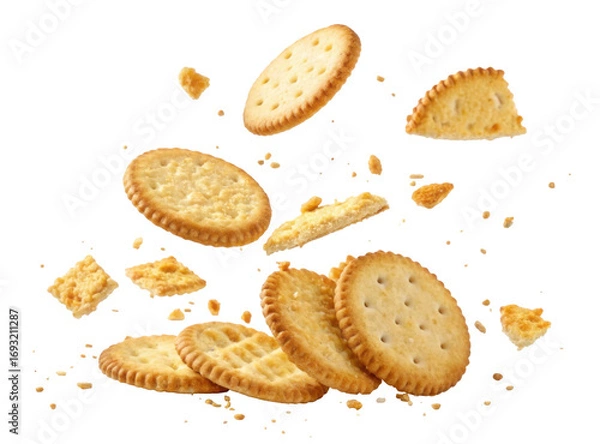 Fototapeta Assorted Cookies and Biscuits Flying in Mid-Air with Crumbs on Transparent Background