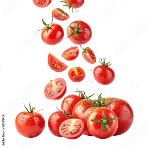 Fototapeta Fresh Red Tomatoes Falling and Arranged on Transparent Background for Culinary Use