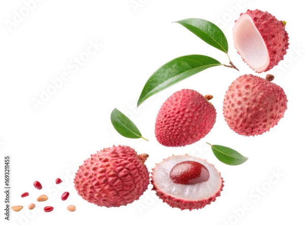 Fototapeta Fresh Lychee Fruit With Green Leaves Isolated On Transparent Background