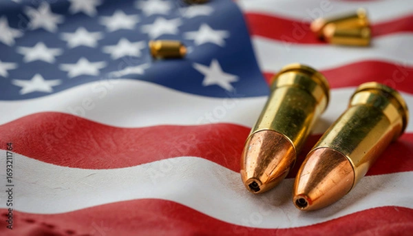 Fototapeta Two large bullets and scattered shell casings rest on a wrinkled North American flag. The scene symbolizes armed conflict, geopolitical tension in USA, and military crisis in the United States
