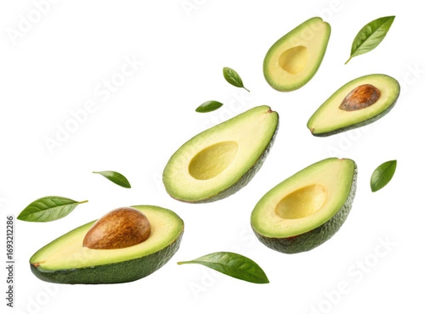Fototapeta Slices of Fresh Avocado with Leaves on a Transparent Background Perfect for Culinary and Nutrition Ideas