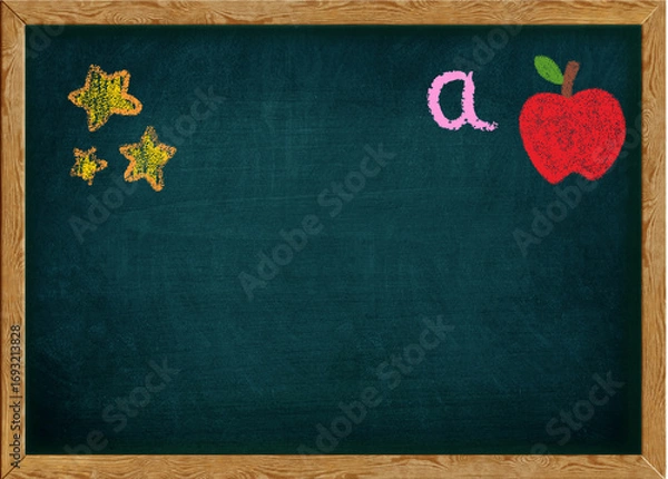 Fototapeta Chalkboard Elements – Educational Background with Stars, Apple & Letter A

