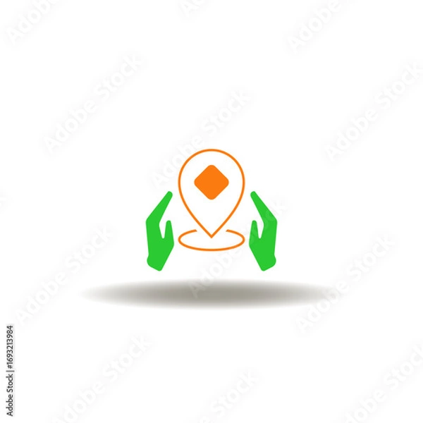 Fototapeta Vector illustration of location map pointer and hands. Symbol of address. Icon of tracking service, navigation.