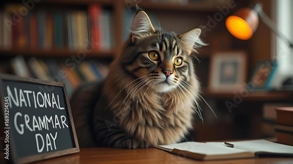 Fototapeta National Grammar Day Cat: Cute Maine Coon with Chalkboard, Books, and Desk - Stock Photo for Education, Language, and Feline Lovers