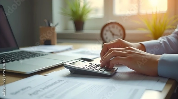 Fototapeta Accountant Calculating Finances: Laptop, Calculator, & Documents on Desk. Financial Planning, Bookkeeping, and Tax Preparation Concept