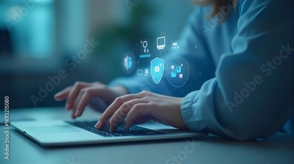 Fototapeta Cybersecurity Professional Working on Laptop: Data Protection, Online Safety, and Digital Security Solutions Concept