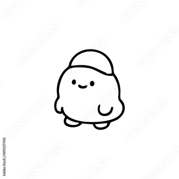 Fototapeta Simple black line drawing of a cute, round, cartoon character with a small cap.  It has large, round eyes and a small, curved smile.  The character appears to be made of a blob-like substance