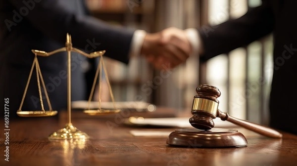 Fototapeta Lawyers shaking hands after reaching a legal agreement with scales of justice and gavel symbolizing fairness and resolution in a professional setting