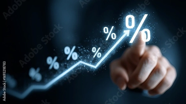 Fototapeta Hand touches glowing digital graph showing increasing percentages and financial growth in a dark, futuristic setting