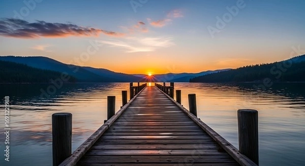 Obraz Wooden Pier Extending Into A Serene Lake At Sunset.