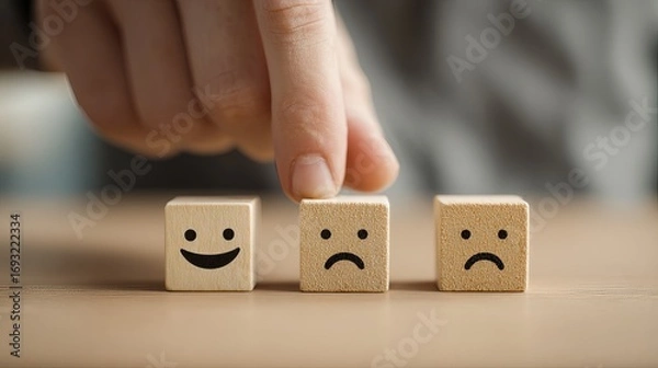 Fototapeta Customer feedback assessment choosing between happy and sad faces on wooden cubes for service evaluation and satisfaction surveys