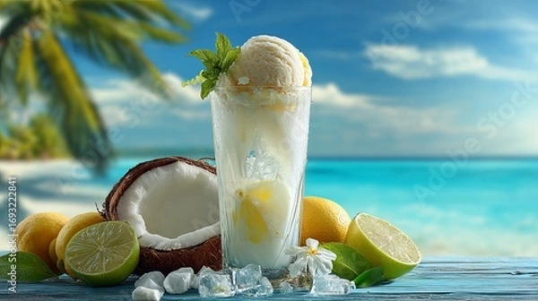 Fototapeta Savor refreshing tropical coconut lime ice cream float with fresh citrus and mint on a vibrant beach backdrop, perfect for summer promotions.