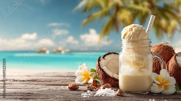 Fototapeta Indulge in a creamy coconut ice cream milkshake on a tropical beach with clear blue water and palm trees, perfect for summer refreshment.