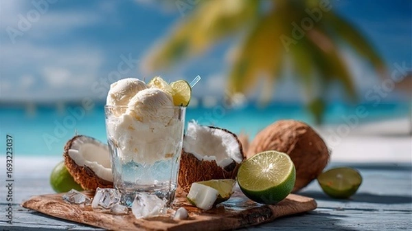 Fototapeta Indulge in creamy coconut ice cream with fresh lime and ice, perfect for a tropical beach escape and refreshing summer treat.