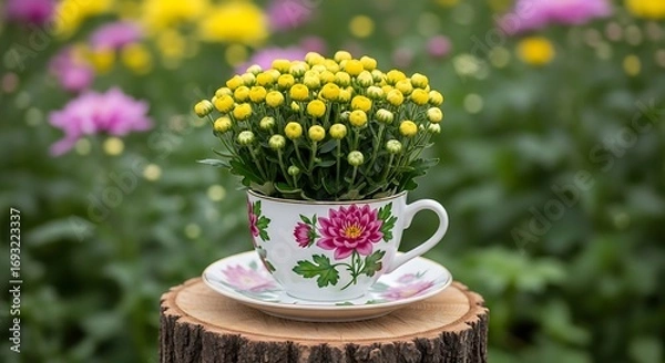 Obraz Yellow Flowers Blooming in Teacup on Wooden Log Slice.