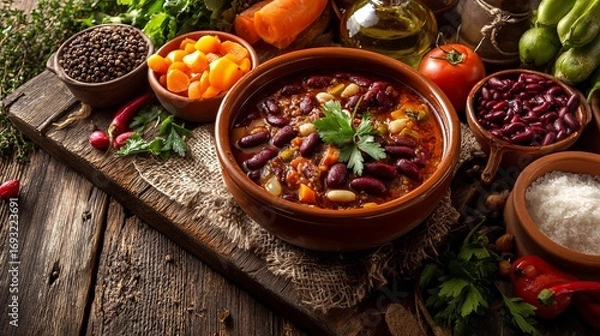 Fototapeta Hearty, flavorful chili simmering in a rustic bowl surrounded by fresh ingredients and warm spices, perfect for a cozy, comforting meal.