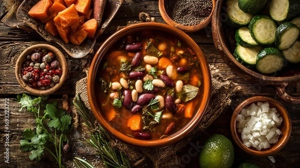 Fototapeta Hearty bean soup bursting with vibrant vegetables and savory spices, served in a rustic ceramic bowl on a warm wooden table, perfect for cozy meals.