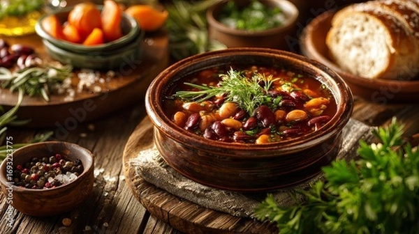 Fototapeta Hearty bean stew served in rustic bowl with fresh herbs, crusty bread, and vibrant vegetables, perfect for cozy autumn meals and culinary blogs