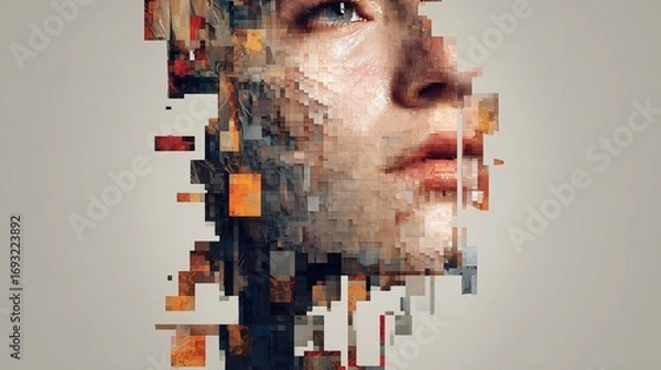 Fototapeta Captivating abstract portrait of a woman's face dissolving into digital pixels, representing identity, technology, and transformation