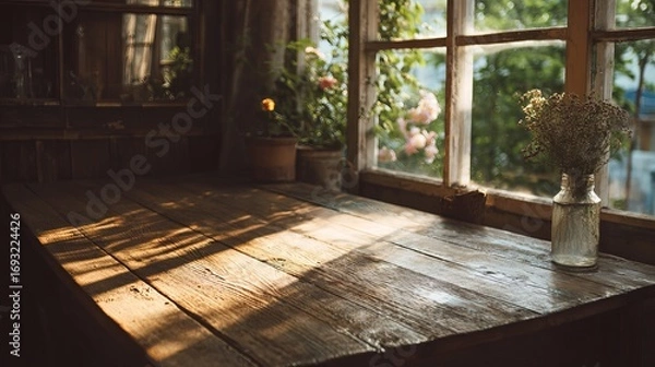 Fototapeta Warm sunlight streams across rustic wooden table near vintage window with blooming flowers creating a serene, cozy atmosphere
