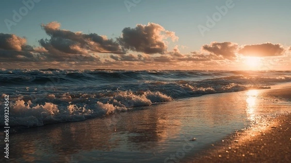 Fototapeta Stunning golden hour sunset paints dramatic clouds over dynamic ocean waves crashing onto serene sandy beach