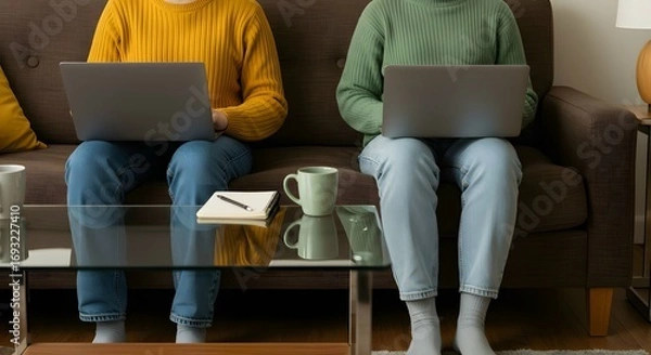 Obraz Two people working remotely on laptops from the comfort of their home, enjoying a relaxed atmosphere and modern lifestyle, perfect for illustrating work life balance or digital nomadism