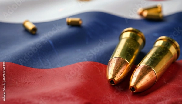 Fototapeta Two large bullets and scattered shell casings rest on a wrinkled Russian flag. The scene symbolizes armed conflict, geopolitical tension, and military crisis.