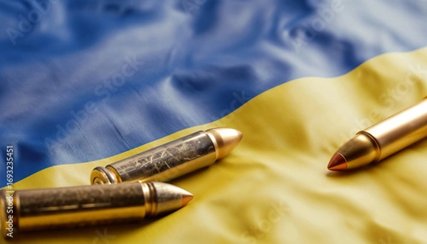 Fototapeta Ammunition placed on Ukrainian. Gold bullets on blue textile with yellow stars, representing militarization, defense spending and growing security concerns in Ukraina